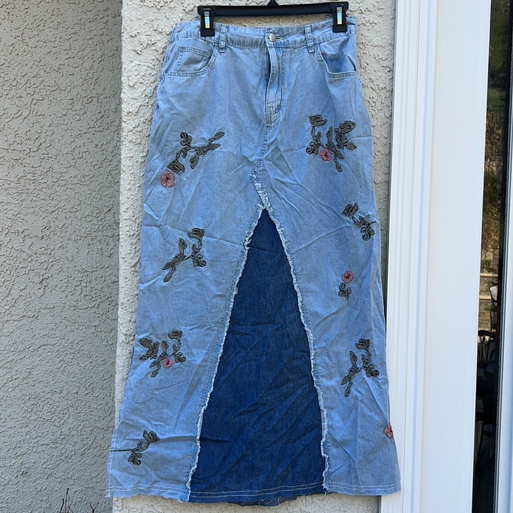 POL Women's Embroidered Floral Mixed Denim Boho Long Skirt Size M